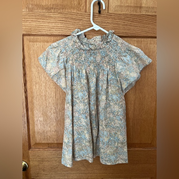 moodie Tops - Moodie cotton Smocked Neck Flutter Sleeve Dress - Light Blue & Cream Floral